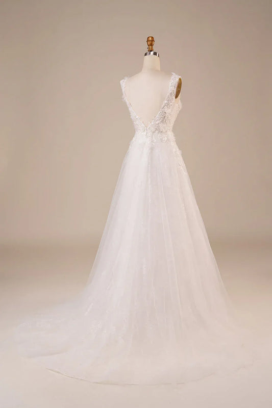 A-Line Tulle Sleeveless Train Wedding Dress - Yihuiw by Yihuiw