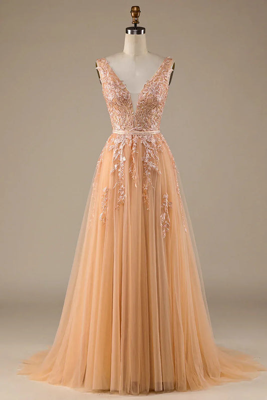 Champagne A-Line Tulle Sleeveless Train Evening Dress - Yihuiw by Yihuiw