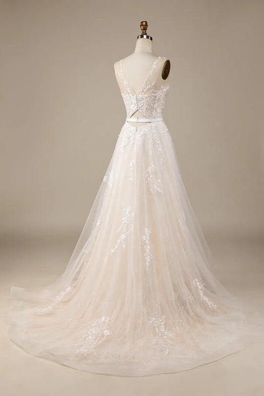A-Line Illusion Tulle Sleeveless Train Wedding Dress - Yihuiw by Yihuiw