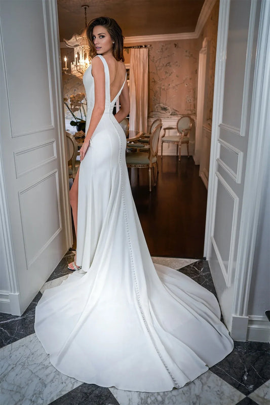 Mermaid Plunging Crepe Sleeveless Button Back High Slit Wedding Dress - Yihuiw by Yihuiw