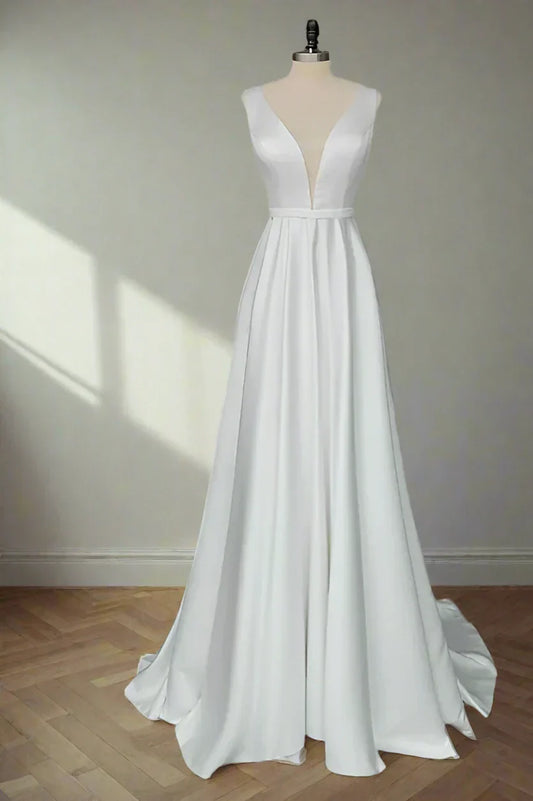 Sleeveless Wedding Dresses with Deep V-Neck, Crisscross Open Back and Satin Train Bridal Dress