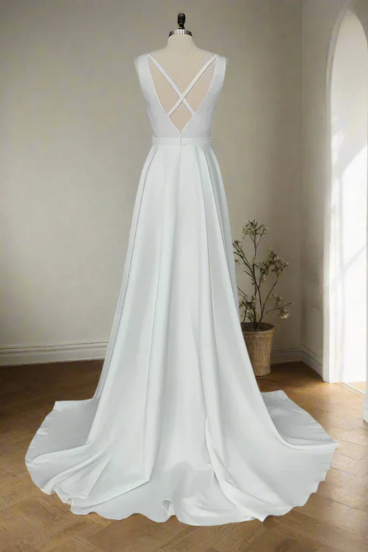 Sleeveless Wedding Dresses with Deep V-Neck, Crisscross Open Back and Satin Train Bridal Dress