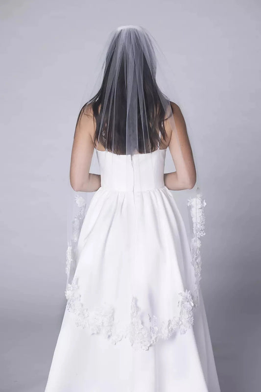 Soft Two-Tiered Fingertip Length Plain Tulle Bridal Veil by YiHuiw