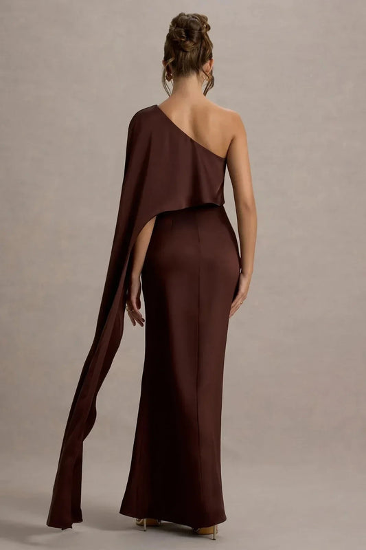 Sophisticated Mermaid One Shoulder Draped Sleeve High Slit Floor Length Prom Dress by YiHuiw