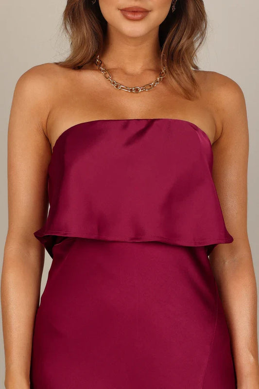 Strapless Satin High Slit Midi Wedding Dress - Yihuiw by Yihuiw