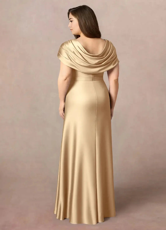 Sophisticated Plus Size A Line Cowl Neck Short Sleeve Ruched Back Floor Length Mother of the Bride Dress by YiHuiw