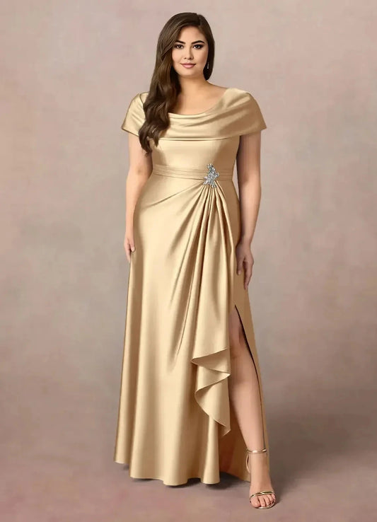 Sophisticated Plus Size A Line Cowl Neck Short Sleeve Ruched Back Floor Length Mother of the Bride Dress by YiHuiw