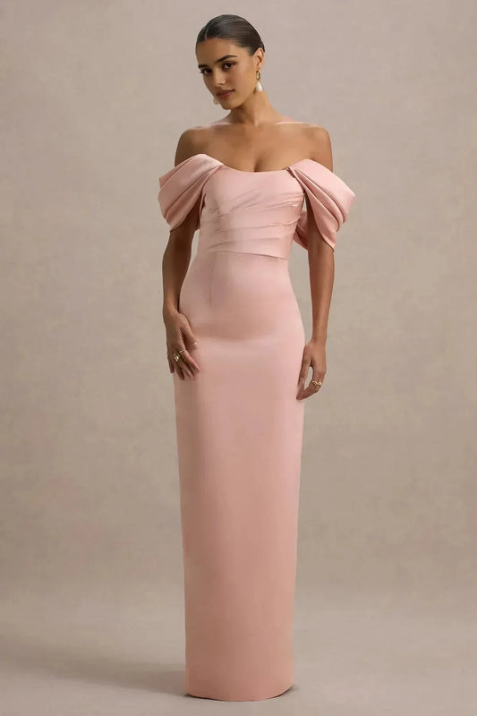 Sophisticated Sheath Off Shoulder Draped Sleeve Ruched Back Floor Length Prom Dress by YiHuiw