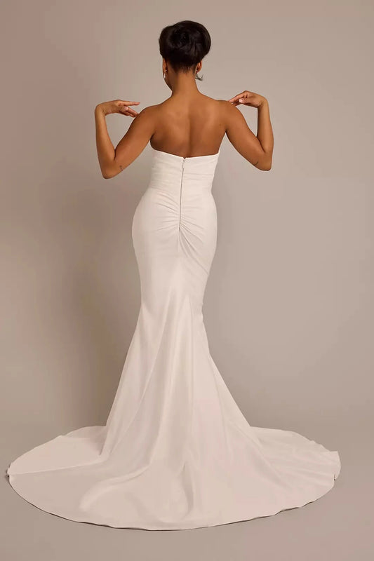 Sophisticated Fitted Mermaid Strapless Ruched Open Back Floor-Length Train Wedding Dress by YiHuiw