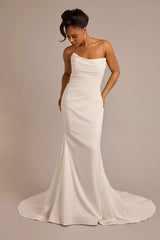 Sophisticated Fitted Mermaid Strapless Ruched Open Back Floor-Length Train Wedding Dress
