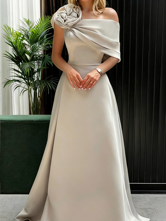 Sophisticated Satin A-Line One-Shoulder Draped 3D Flower Detail Sleeveless Zipper Back Floor-Length Maxi Formal Mother of the Bride Dresses by LANQI DRESS
