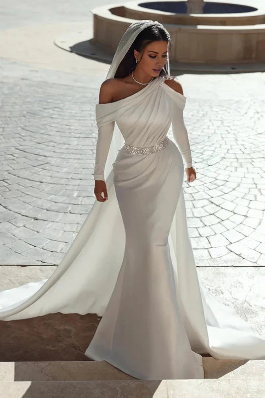 Sophisticated Satin Mermaid One-Shoulder Ruched-Bodice Crystal-Belt Train Wedding Dress by YiHuiw