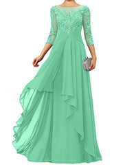 Sheath / Column Mother of the Bride Dress Elegant Jewel Neck Floor Length Chiffon Lace 3/4 Length Sleeve with Appliques