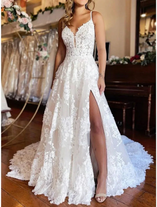 Spaghetti Strap Tulle High Slit Wedding Dress - Yihuiw by Yihuiw