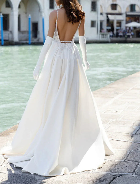 Spaghetti Strap Satin High Slit Wedding Dress - Yihuiw by Yihuiw