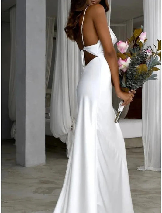 Mermaid Spaghetti Strap Satin Cutout Wedding Dress - Yihuiw by Yihuiw
