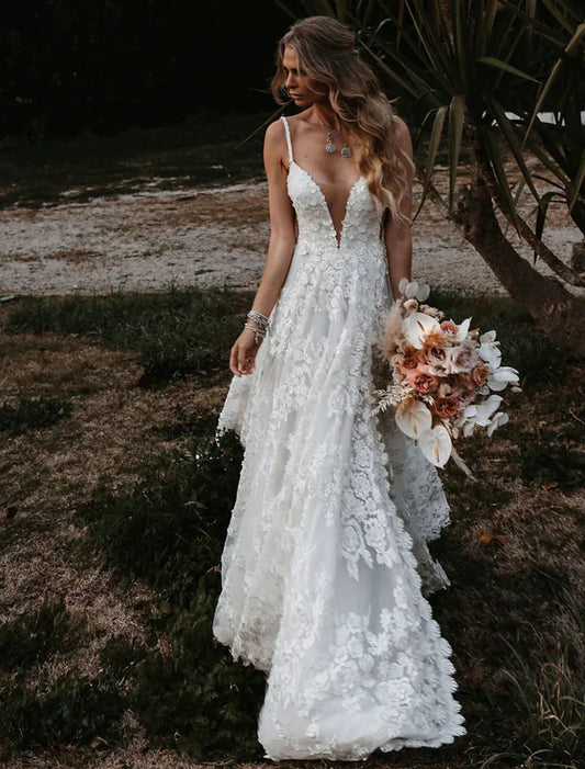 Spaghetti Strap Lace High Slit Wedding Dress - Yihuiw by Yihuiw