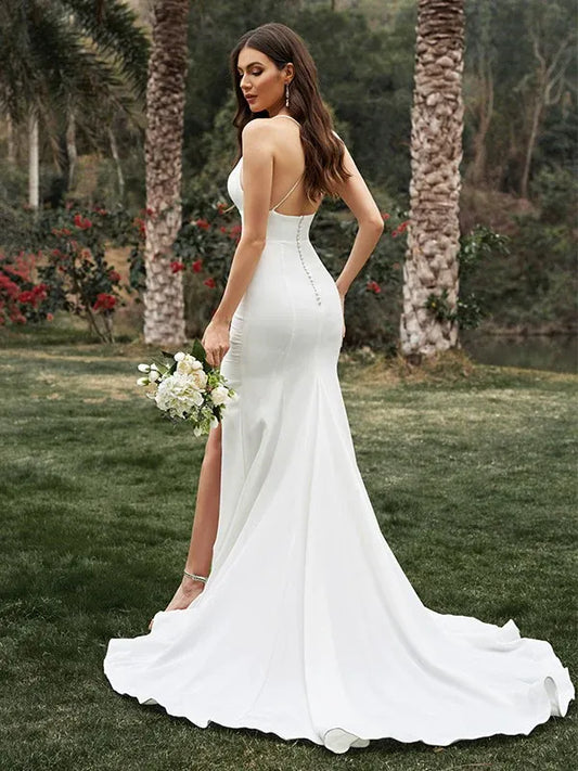 Mermaid Spaghetti Strap Crepe Button Back High Slit Wedding Dress - Yihuiw by Yihuiw