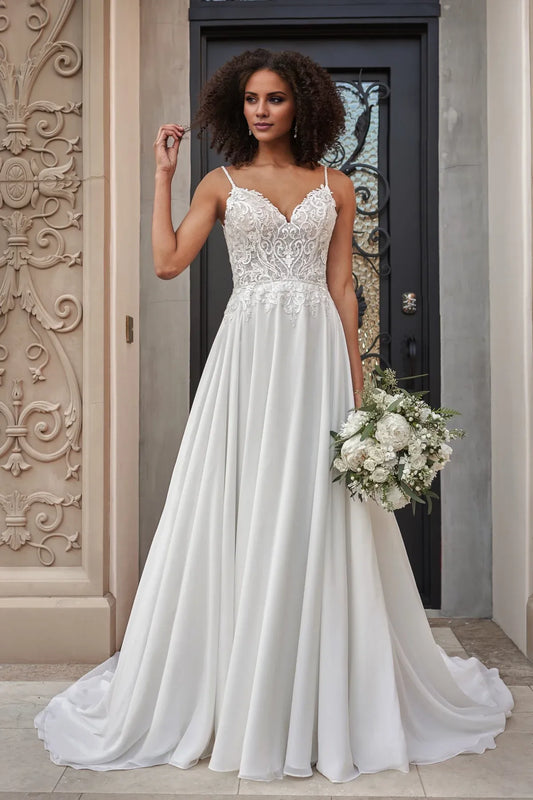 Spaghetti Strap Chiffon Button Back Wedding Dress - Yihuiw by Yihuiw