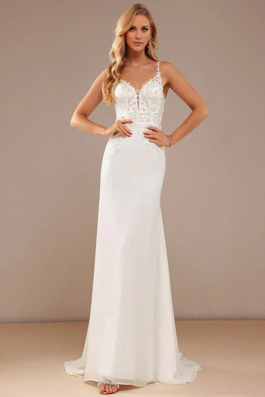 Mermaid Spaghetti Strap Chiffon Button Back Wedding Dress - Yihuiw by Yihuiw