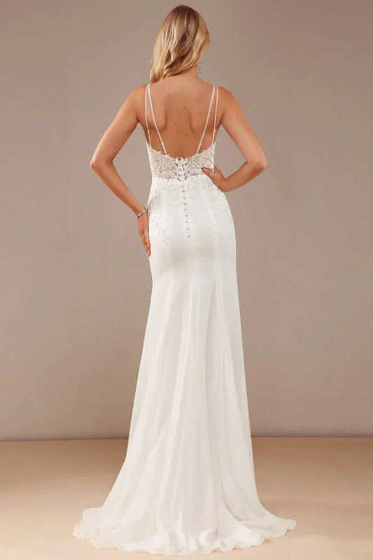 Mermaid Spaghetti Strap Chiffon Button Back Wedding Dress - Yihuiw by Yihuiw