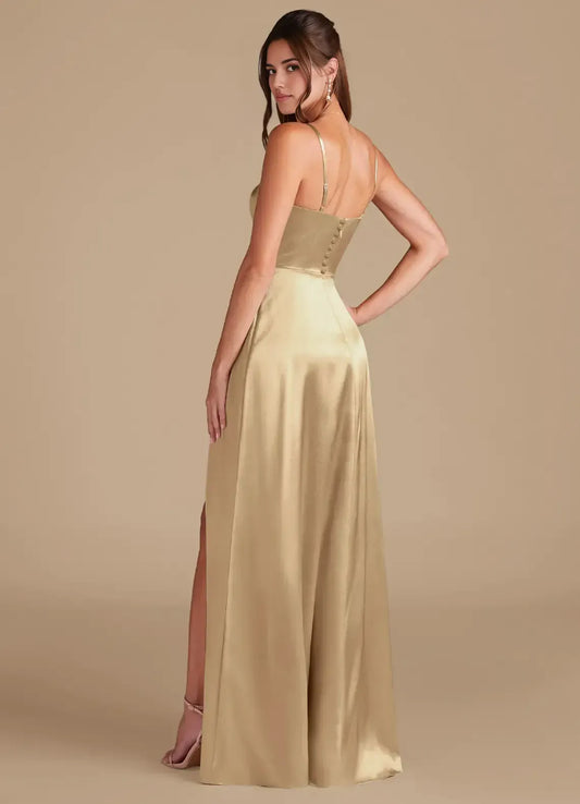 Spaghetti Strap Satin Button Back High Slit Wedding Dress - Yihuiw by Yihuiw