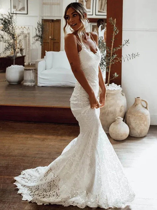 Mermaid Spaghetti Strap Lace Train Wedding Dress - Yihuiw by Yihuiw