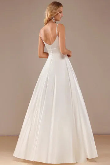 Spaghetti Strap Satin Button Back Wedding Dress - Yihuiw by Yihuiw