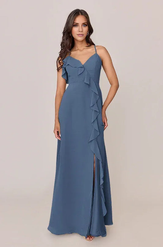 A-Line V-Neck Chiffon High Slit Wedding Dress - Yihuiw by Yihuiw