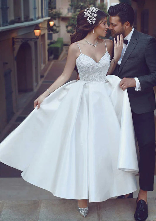 Spaghetti Strap Lace Bodice Satin Tea Length Wedding Dress Backless A Line Bridal Dress