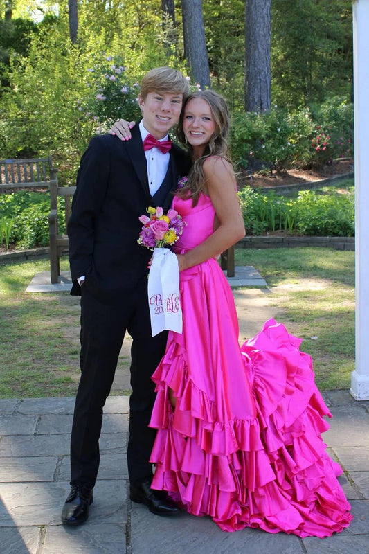 Spaghetti Strap Ruffle Tiered Prom Dresses High Slit Lace Up Back Train Formal Gown by JiMiss Dresses