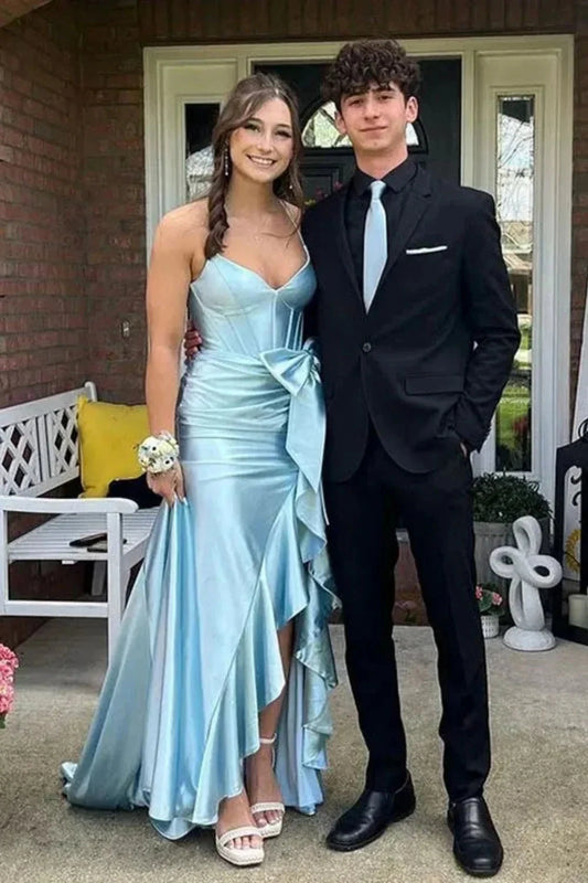 Spaghetti Strap Satin Mermaid Prom Dress with Sweetheart Neckline, Corset Bodice, Oversized Bow & Ruffled High Slit Train by JiMiss Dresses