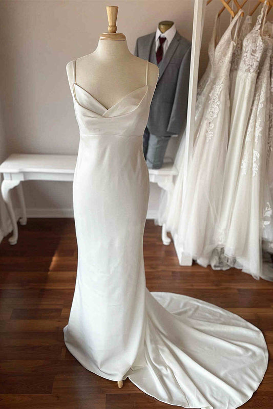 Spaghetti Strap Satin Wedding Dresses with Cowl Neck, Deep V-Back, Covered Button Closure and Mermaid Silhouette Bridal Gown