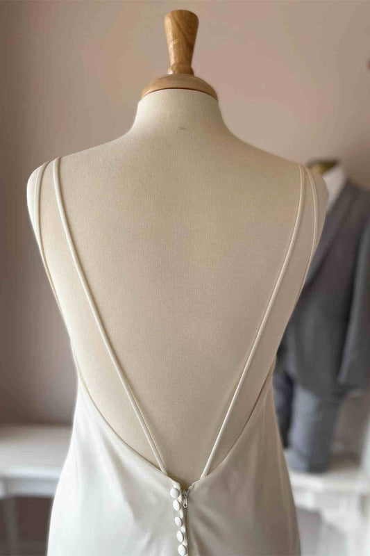 Spaghetti Strap Satin Wedding Dresses with Cowl Neck, Deep V-Back, Covered Button Closure and Mermaid Silhouette Bridal Dress