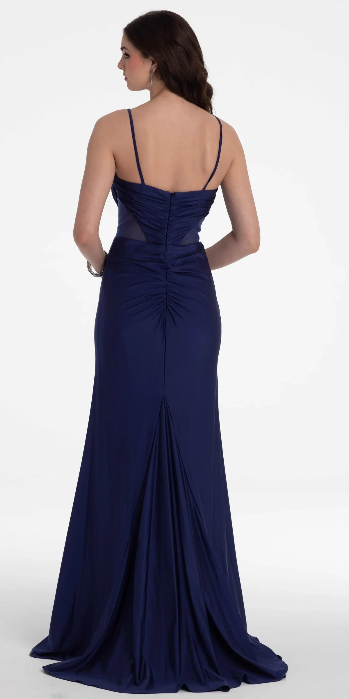 Vestidos de noche de sirena de punto con tirantes finos, escote de lentejuelas y panel de malla transparente en la cintura