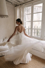 Spaghetti Strap V-Neck Tiered Tulle A-Line Wedding Dress with Low Back & Chapel Train by YiHuiw