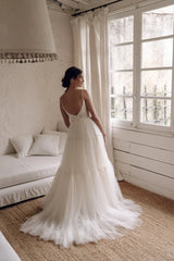 Spaghetti Strap V-Neck Tiered Tulle A-Line Wedding Dress with Low Back & Chapel Train by YiHuiw