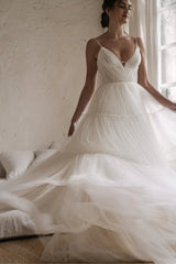 Spaghetti Strap V-Neck Tiered Tulle A-Line Wedding Dress with Low Back & Chapel Train by YiHuiw
