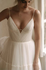 Spaghetti Strap V-Neck Tiered Tulle A-Line Wedding Dress with Low Back & Chapel Train by YiHuiw
