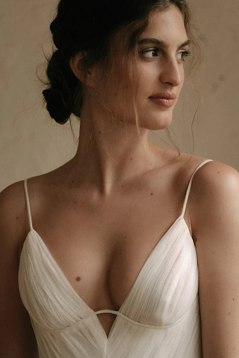 Spaghetti Strap V-Neck Tiered Tulle A-Line Wedding Dress with Low Back & Chapel Train by YiHuiw