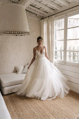 Spaghetti Strap V-Neck Tiered Tulle A-Line Wedding Dress with Low Back & Chapel Train by YiHuiw