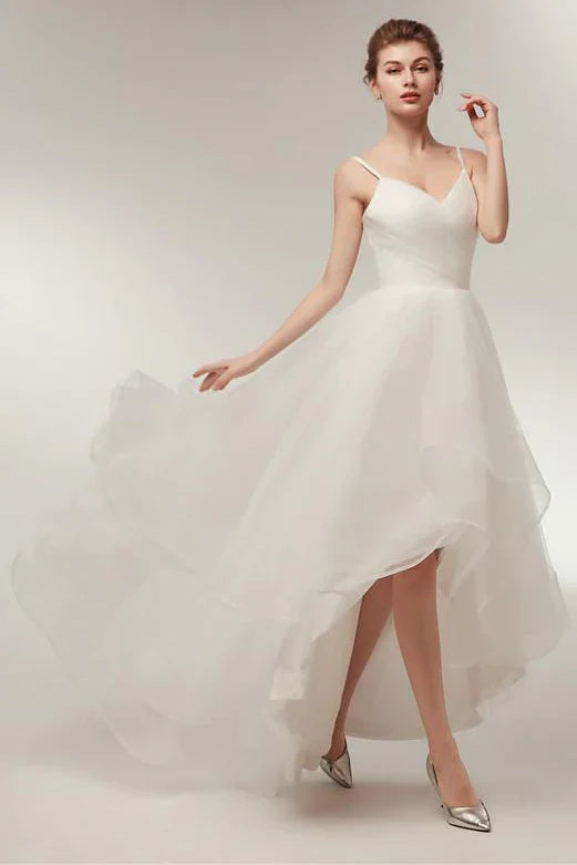 Spaghetti Strap Wedding Dresses with V-Neck, High-Low Tulle Skirt and Lace-Up Back Bridal Dress