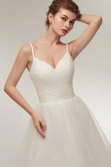 Spaghetti Strap Wedding Dresses with V-Neck, High-Low Tulle Skirt and Lace-Up Back Bridal Dress