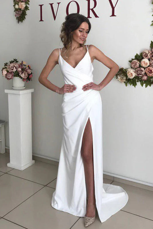 Spaghetti Strap Wedding Dresses with Wrap Bodice, High Slit and Crisscross Open Back Bridal Gown