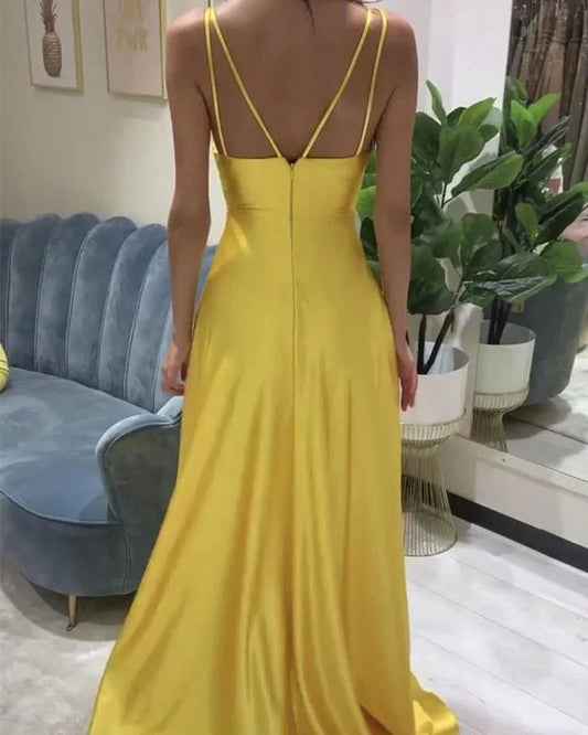 Spaghetti Straps V Neck Prom Dresses Satin Leg Slit simple gentle atmospheric and unique desi Bring summer colors to enhance whiteness by YiHuiw