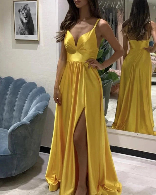 Spaghetti Straps V Neck Prom Dresses Satin Leg Slit simple gentle atmospheric and unique desi Bring summer colors to enhance whiteness by YiHuiw
