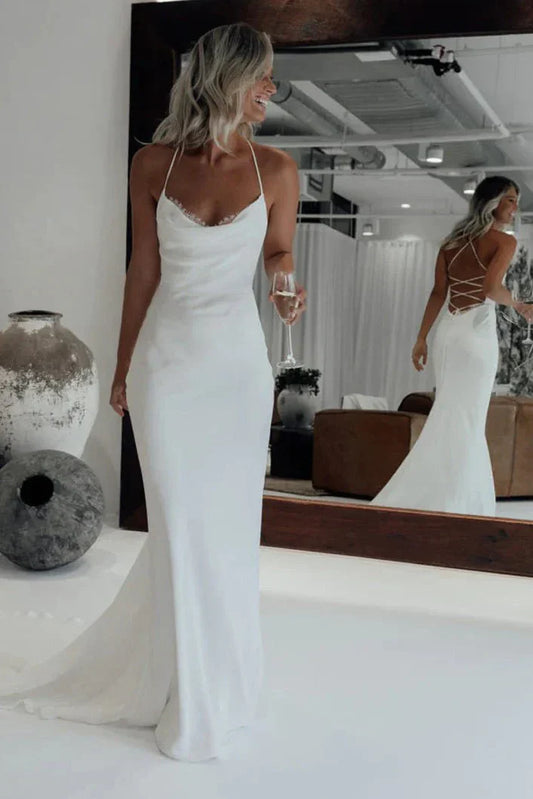 Spaghetti Strap Satin Wedding Dresses with Cowl Neck, Lace-Up Crisscross Back and Mermaid Silhouette Bridal Gown