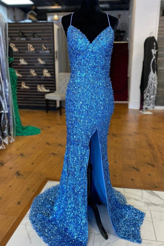 Sparkle Blue Sequin Prom Dresses Iridescent Mermaid Long Formal Dresses Side Slit simple gentle atmospheric and unique desi Bring summer colors to enhance whiteness by YiHuiw
