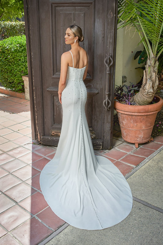 Sparkling Crepe Mermaid Square-Neck Spaghetti-Strap Low-Back Button-Detail Train Wedding Dress by YiHuiw