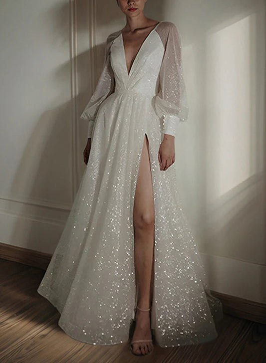 Sparkling Ivory Deep V-Neck Sheer Puff Sleeve High Slit A-Line Floor-Length Wedding Dress with Cathedral Train